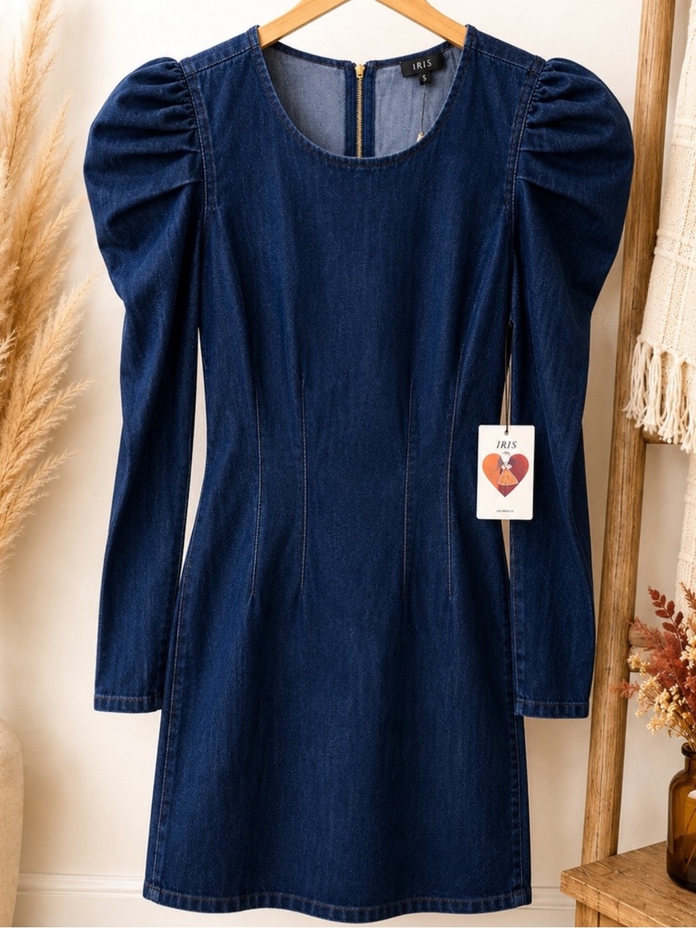NWT Dark Wash Denim Puff Sleeve Bodycon Mini Dress Size S